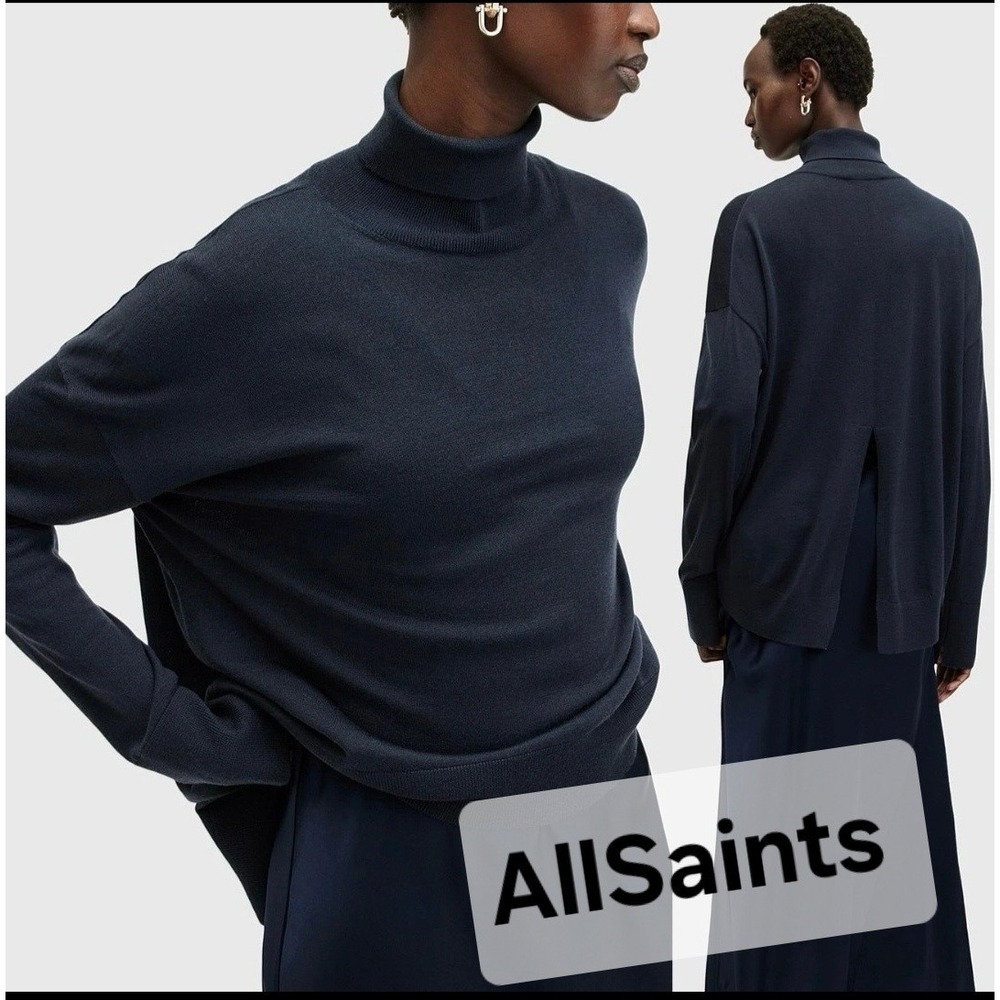 New AllSaints Neo Wool Turtleneck Sweater Midnight Blue Split Back Small Ink